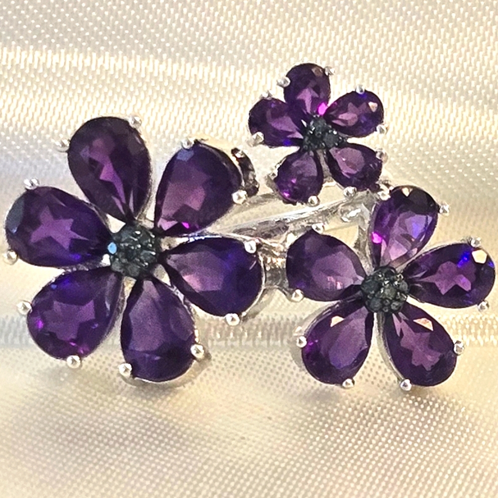 Amethyst & Black Diamond 925 Silver Floral Ring